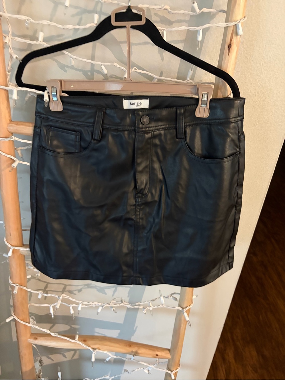 Kensie Black Faux Leather Mini Skirt with Front Pockets